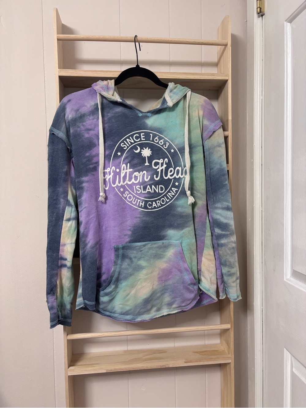 MV Sport Tie-Dye Hooded Pullover in Purple, Teal & Cream